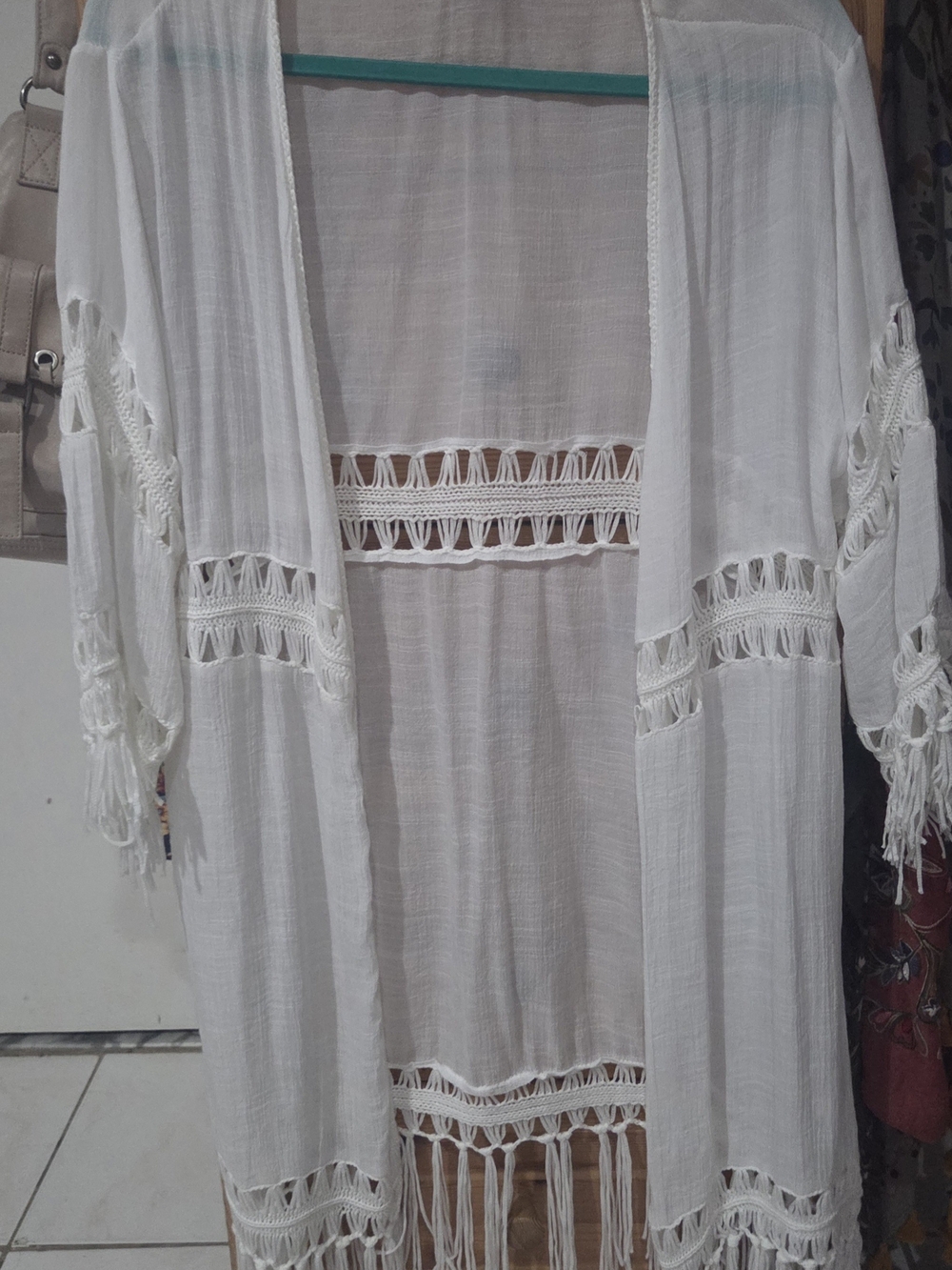 White Crochet-Trim Swim Cover-Up, Kimono, Cardigan, Shawl